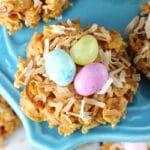 Overhead view of No Bake Caramel Coconut Nest Cookies on a cake stand