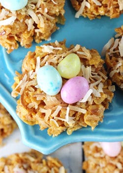 Overhead view of No Bake Caramel Coconut Nest Cookies on a cake stand