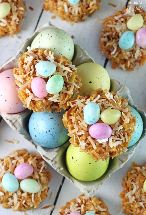 No Bake Coconut Caramel Nest Cookies with Colored Easter Eggs