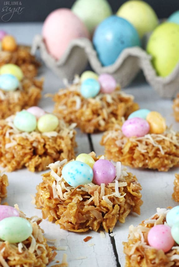 No Bake Caramel Coconut Nest Cookies on a white background