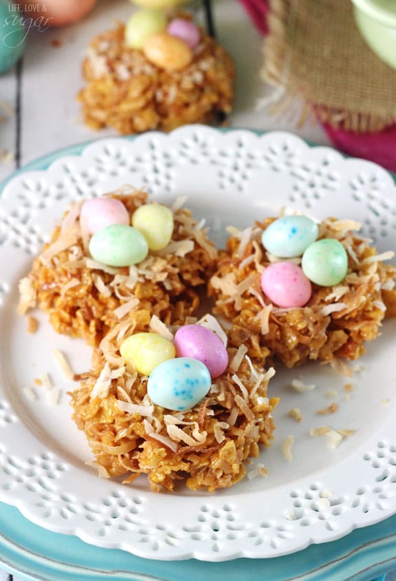 Three No Bake Coconut Caramel Nest Cookies on a Plate