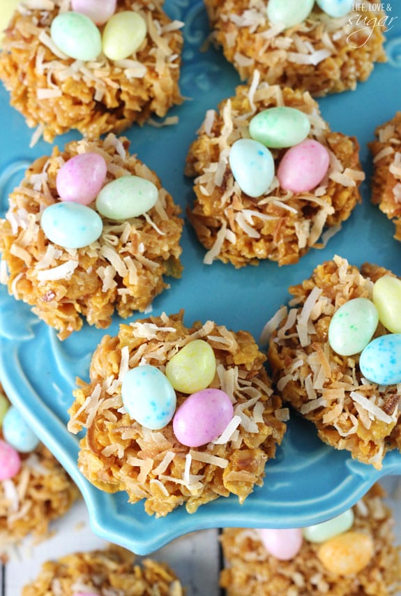 Overhead view of No Bake Coconut Caramel Nest Cookies on a Cake Stand