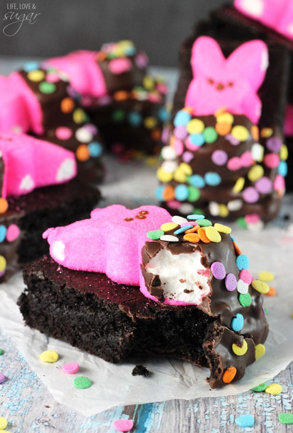 Close-up of Peeps in a blanket brownies with a bite out of one