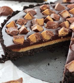 Reeses Chocolate Peanut Butter Tart with slice missing
