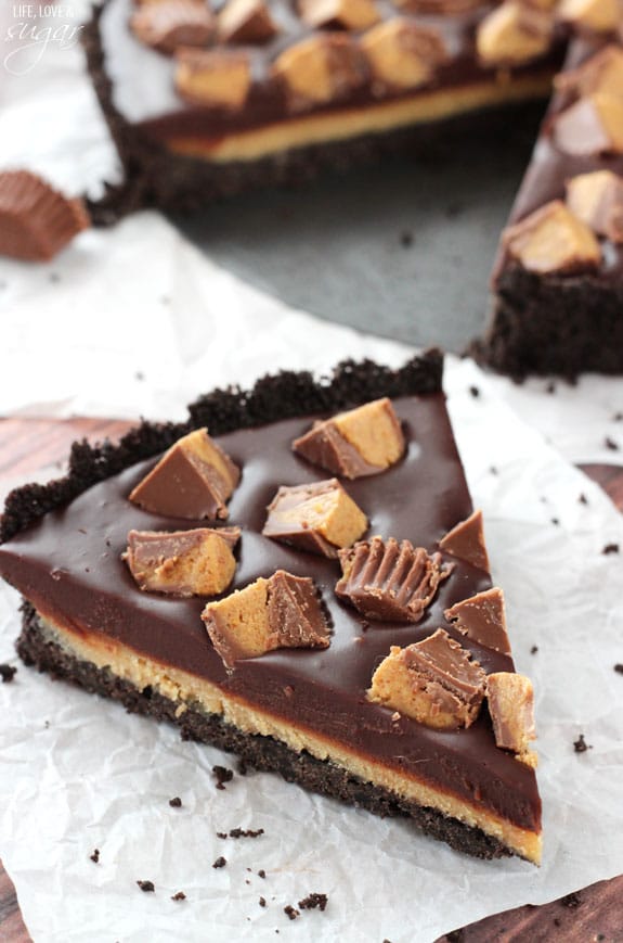 Reeses Chocolate Peanut Butter Tart slice on parchment paper