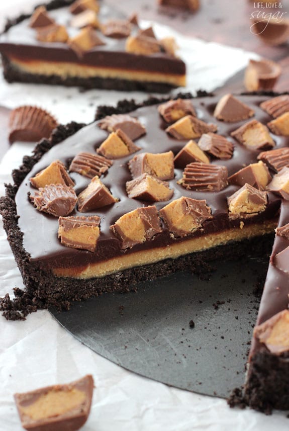 Reeses Chocolate Peanut Butter Tart with a slice removed