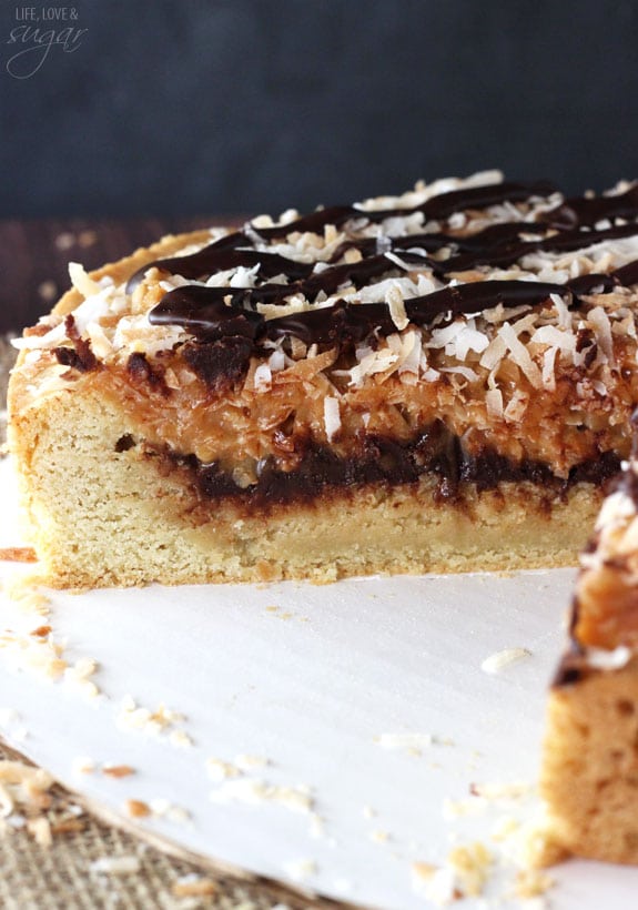 Samoa Cookie Cake with a couple slices removed