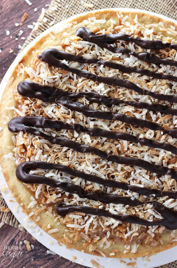 Overhead view of a Samoa Cookie Cake