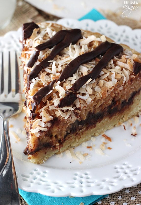 Samoa Cookie Cake slice on a plate