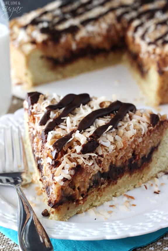 Samoa Cookie Cake slice on a plate