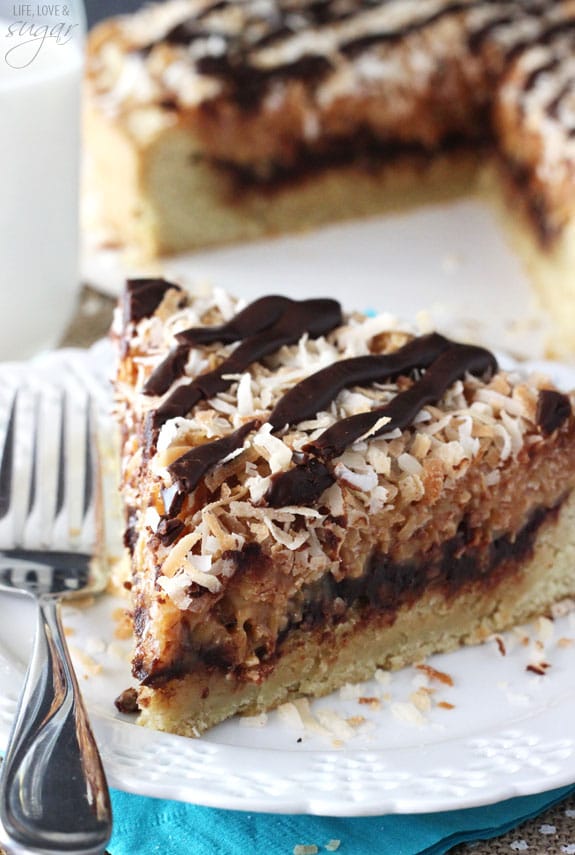 Samoa Cookie Cake slice on a plate