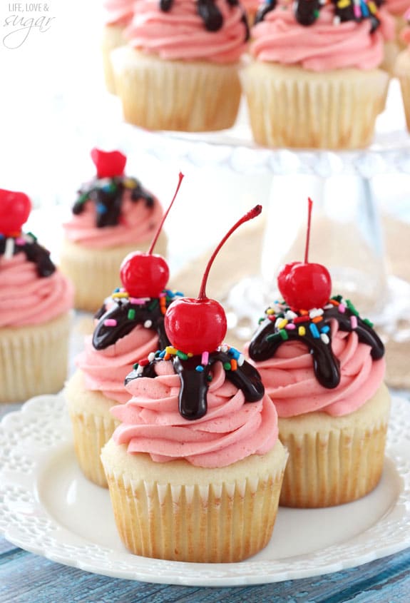 Strawberry Sundae Cupcakes on a white plate
