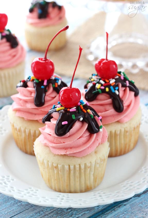 Strawberry Sundae Cupcakes on a white plate