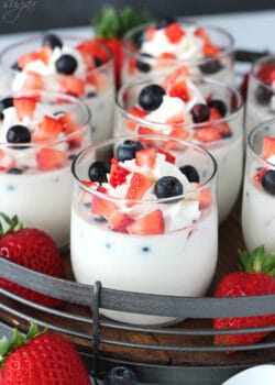 Panna Cotta with Fresh Berries on wooden/metal tray