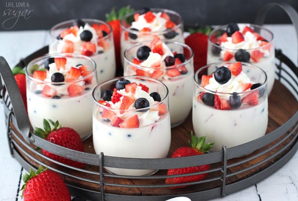 Panna Cotta with Fresh Berries in glass cups on a tray