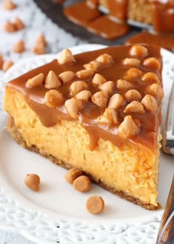Loaded Butterscotch Cheesecake slice on white plate