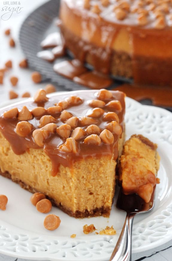 Loaded Butterscotch Cheesecake slice on a white plate with a bite on a fork