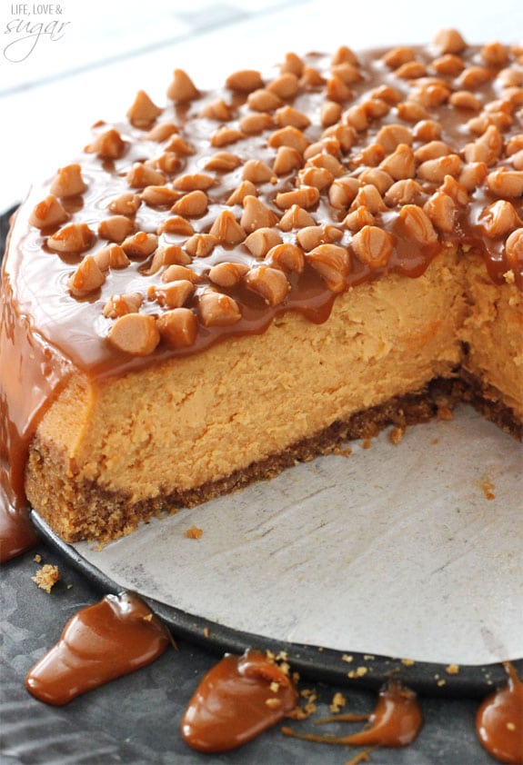 Loaded Butterscotch Cheesecake with a couple slices removed