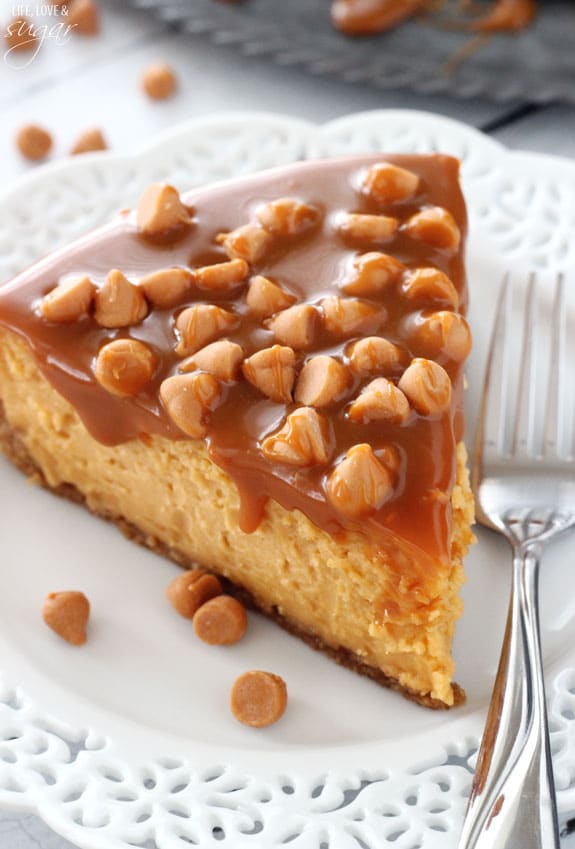 Loaded Butterscotch Cheesecake slice on a white plate