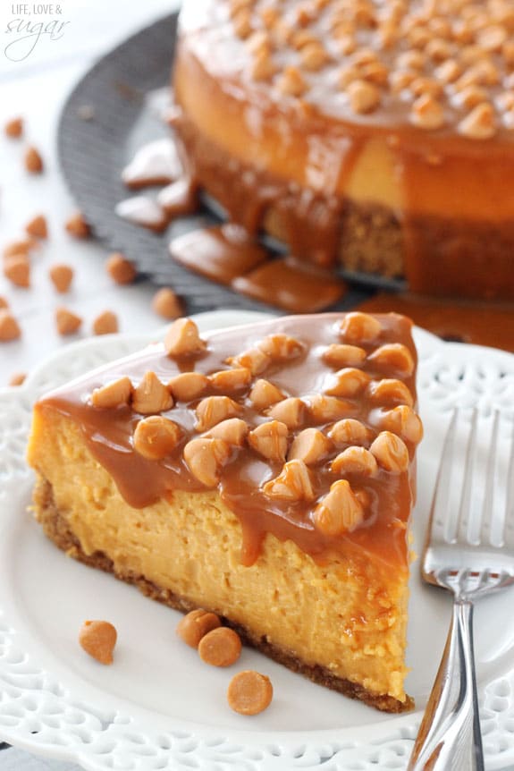 Loaded Butterscotch Cheesecake slice on a white plate