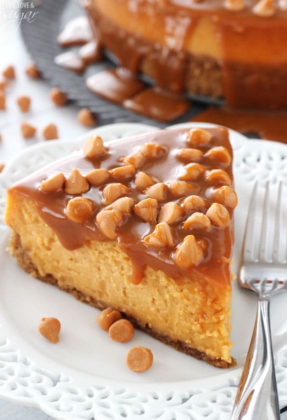 Loaded Butterscotch Cheesecake slice on a white plate