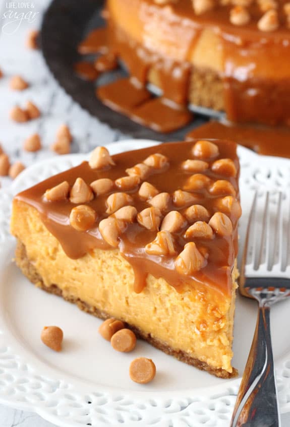 Loaded Butterscotch Cheesecake slice on a white plate