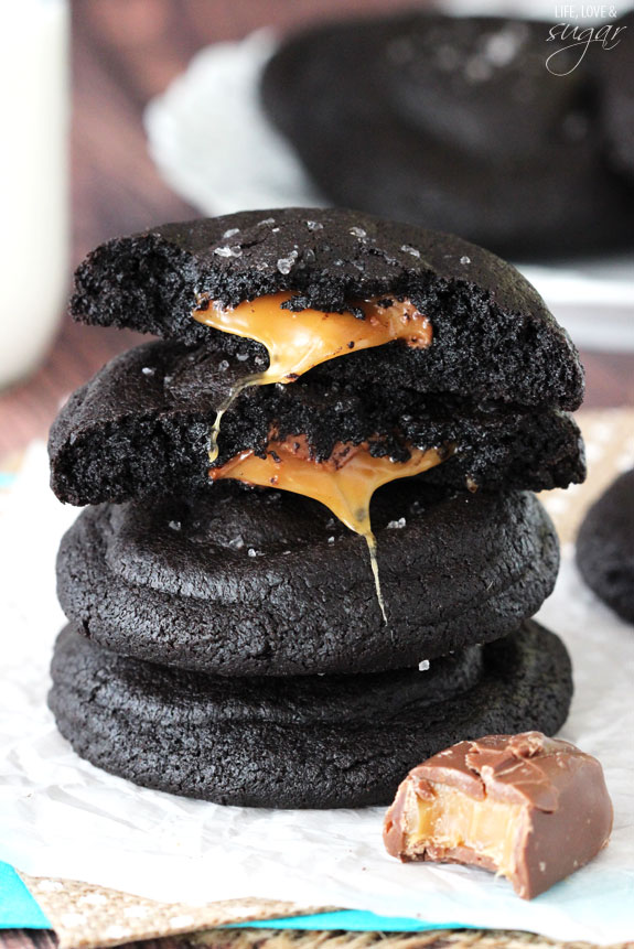 Salted Caramel Stuffed Chocolate Cookies stacked with two halves on top
