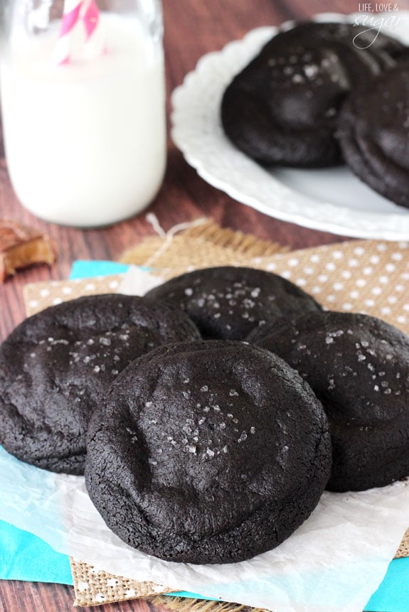 Salted Caramel Stuffed Dark Chocolate Cookies on a napkin