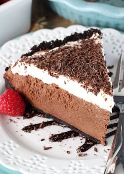 Chocolate Truffle Pie slice on a white plate