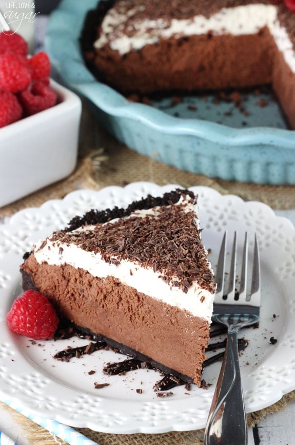 Chocolate Truffle Pie slice on a white plate