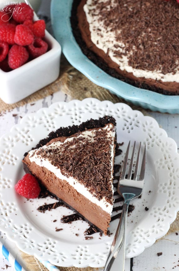 Overhead view of Chocolate Truffle Pie slice on a white plate