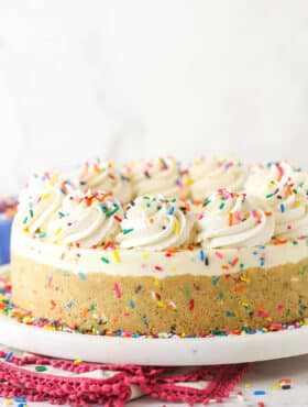 A funfetti no bake cheesecake on a white plate