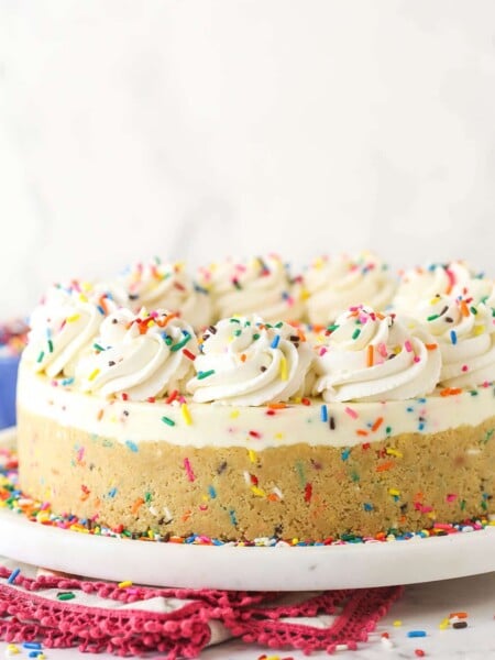 A funfetti no bake cheesecake on a white plate