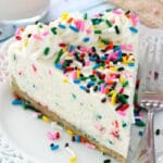 No Bake Funfetti Cheesecake slice on white plate