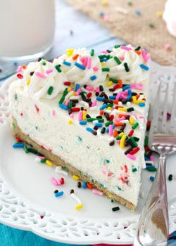 No Bake Funfetti Cheesecake slice on white plate