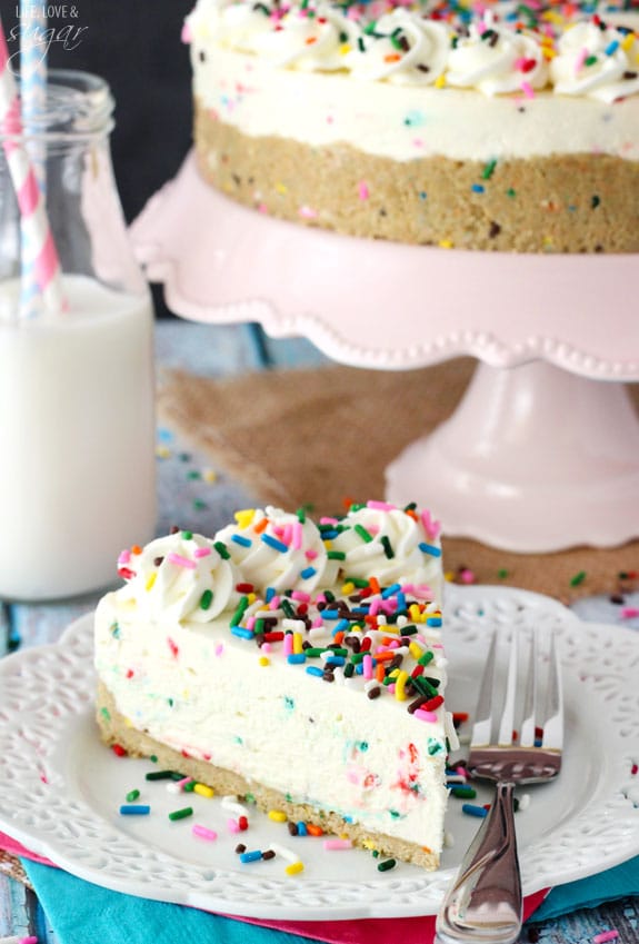 No Bake Funfetti Cheesecake! Golden Birthday Cake Oreo Crust filled with cake batter sprinkle cheesecake! So good!