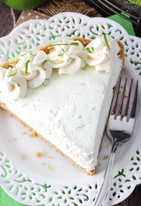 Overhead view of No Bake Margarita Pie slice on a plate