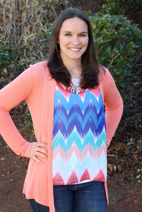 Author modeling Stitch Fix outfit with a cardigan