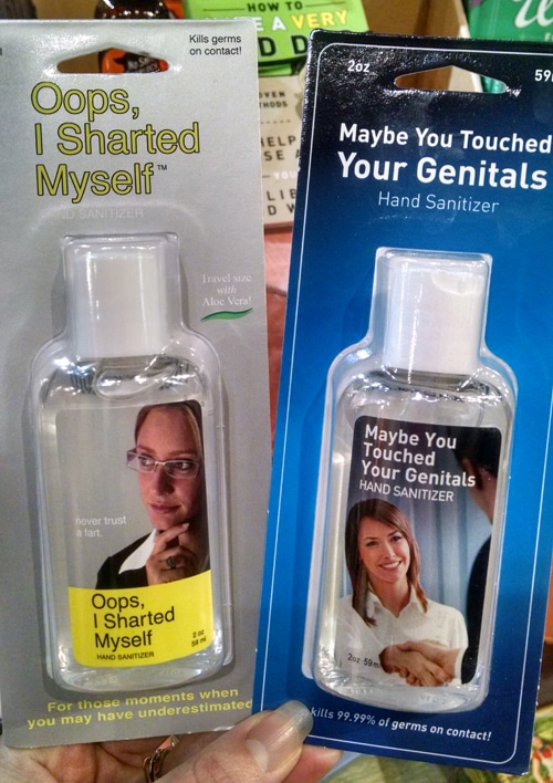 Two Bottles of Hand Sanitizer with Funny Names