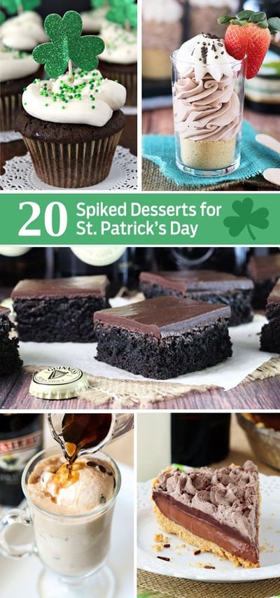 Five Pictures of Various Saint Patrick's Day Themed Desserts with Alcohol