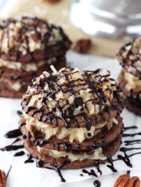A close up of a German Chocolate Cookie Stack that has been drizzled with chocolate sauce