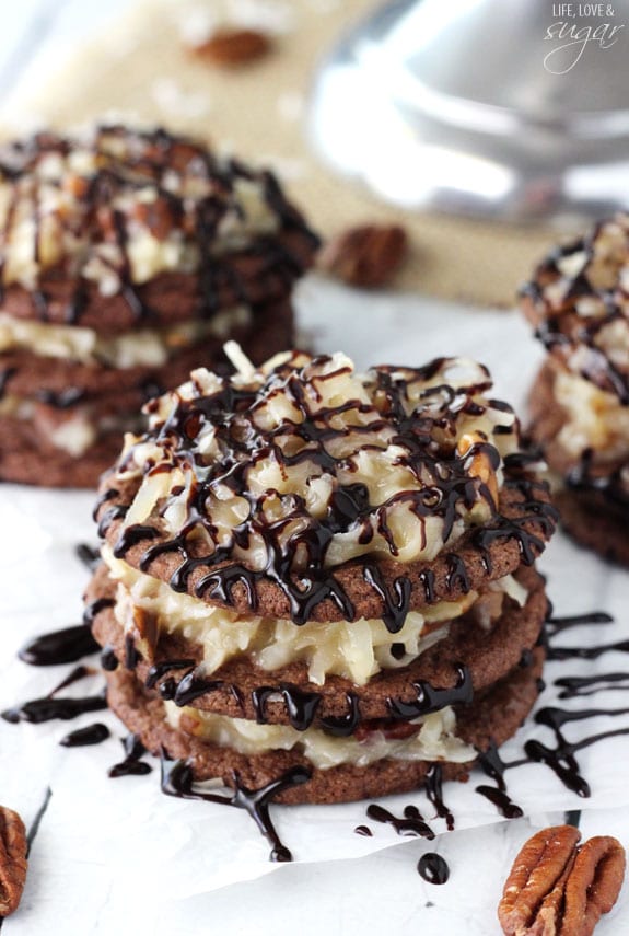 A close up of a German Chocolate Cookie Stack that has been drizzled with chocolate sauce