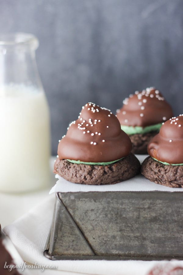 Cake Mix Mint Hi-Hat Cookies on an inverted pan with parchment