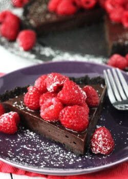 Nutella Raspberry Tart slice on purple plate