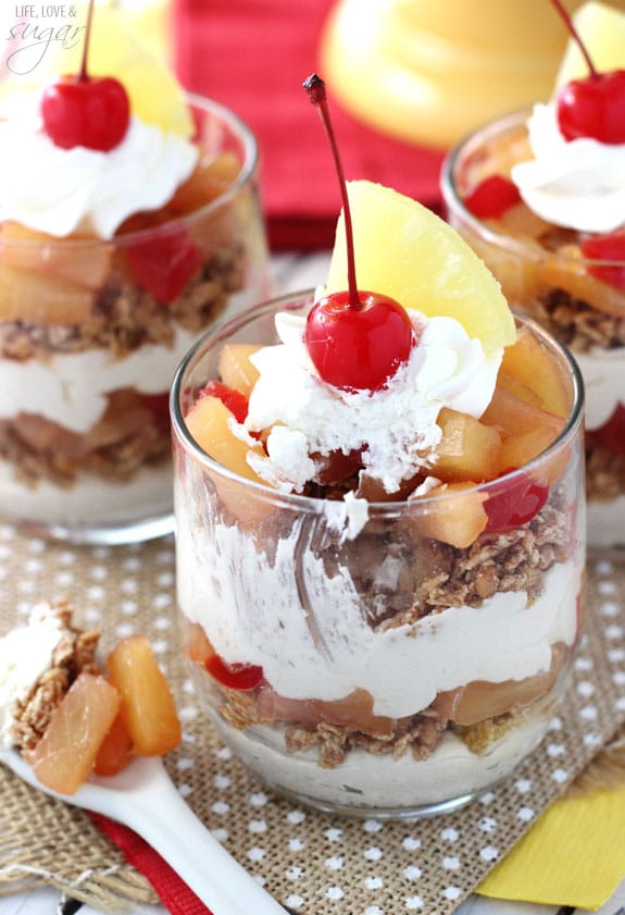 Close-up of Pineapple Upside Down Trifles in glass cups