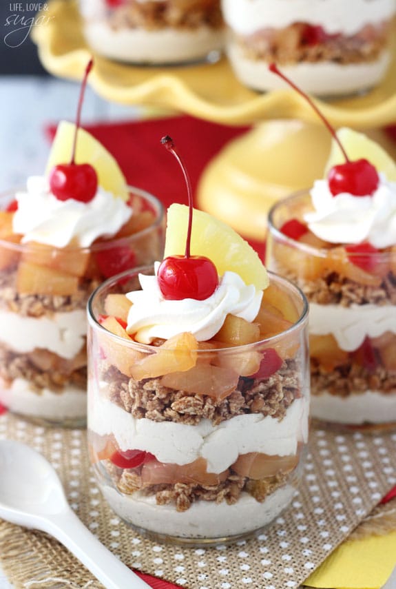 Pineapple Upside Down Trifles in glass cups on burlap