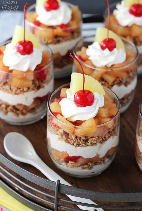 Pineapple Upside Down Trifles in glass cups on a tray