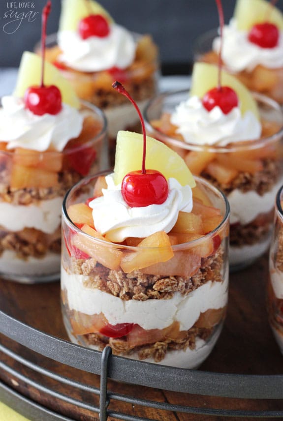 Pineapple Upside Down Trifles in glass cups on a tray
