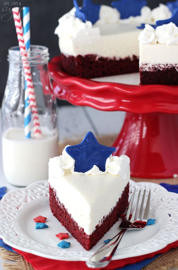 Red Velvet Blondie Cheesecake slice on a plate topped with a blue star