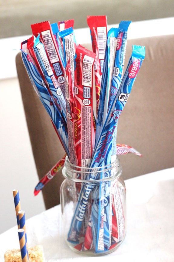 Red and blue Laffy Taffy in a jar